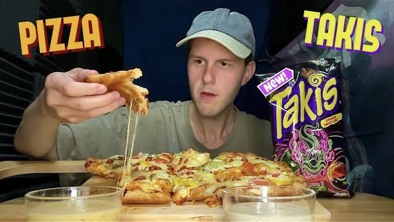 EATING MESSY PIZZA WITH TAKIS DRAGON SWEET CHILI! - MUKBANG CHEESY PIZZA EATING SOUNDS & SAUCES