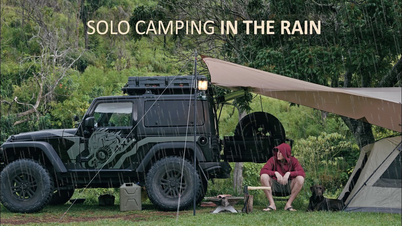 SOLO CAR CAMPING In RAIN [ Relaxing Under Tarp, Jeep 4x4 Camper ]