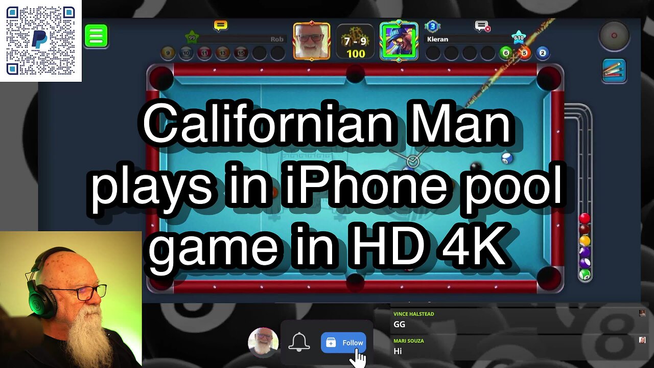 Californian Man plays in iPhone pool game in HD 4K 🎱🎱🎱 8 Ball Pool 🎱🎱🎱