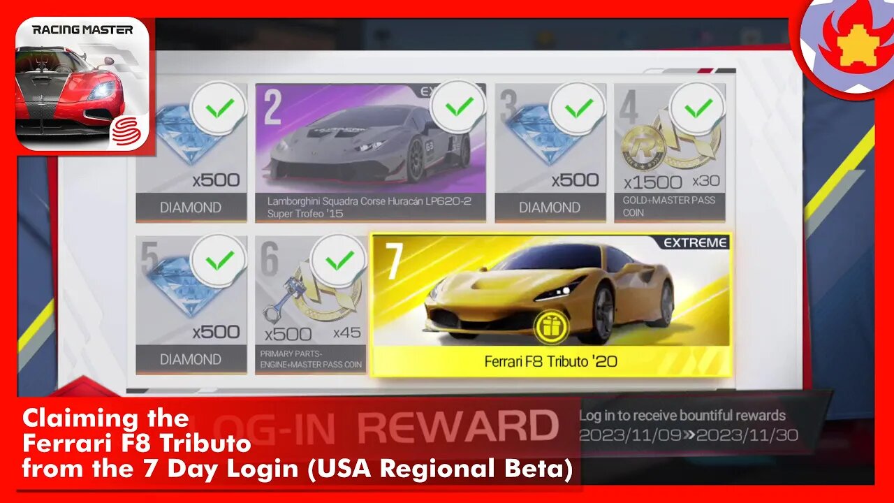 Claiming the Ferrari F8 Tributo from the 7 Day Login (USA Regional Beta) | Racing Master