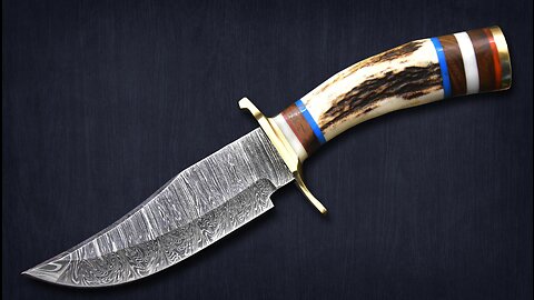 Antler Stag Horn Handle Camping Hunting Knife Custom Hand Forged Damascus Steel Leather Sheath