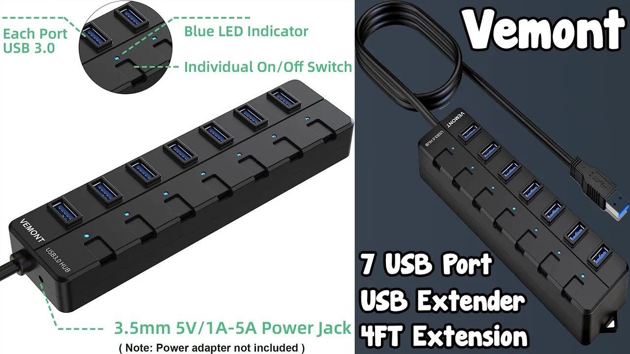 Vemont USB Extender 7 USB With On/Off Switch For Each Port! 6 Foot Wire For Versatile Desk Placement