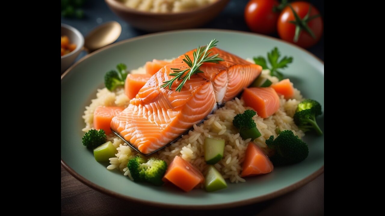 Vegetable pilaf with salmon