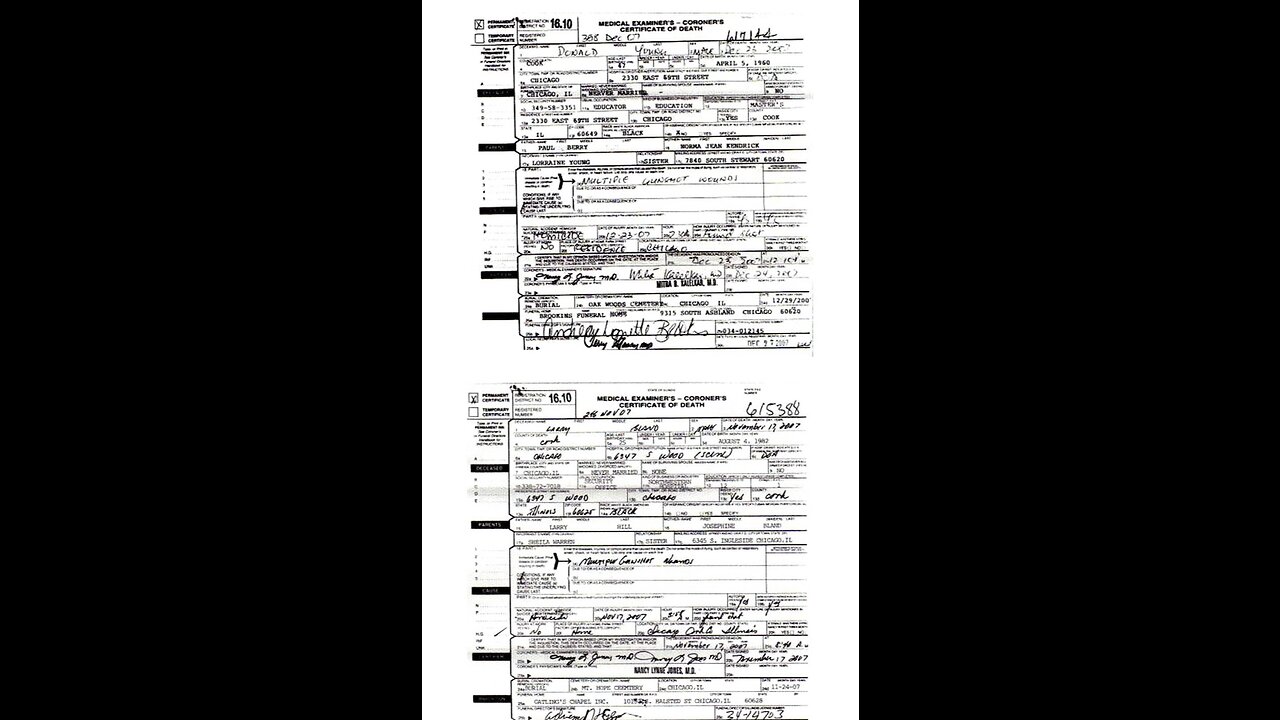 Death Certificates Of Murdered Donald Young And Larry Bland - Both From Obama's Church