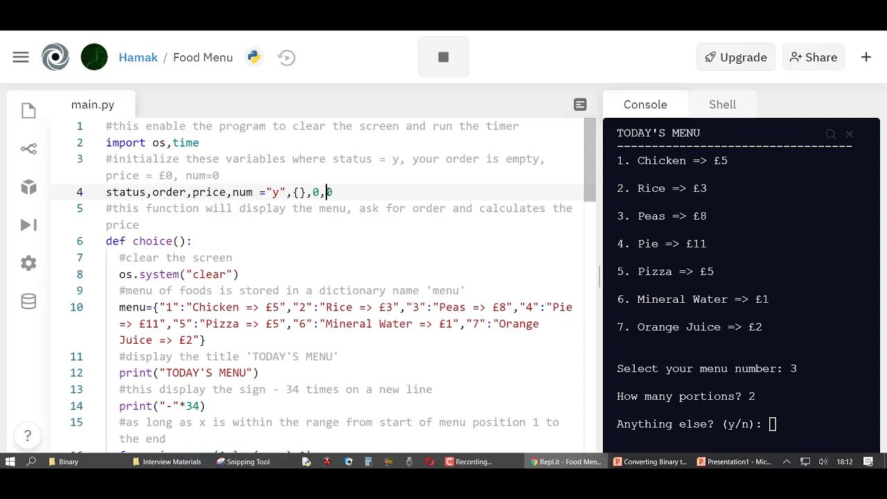 Python Code for a Hotel Menu