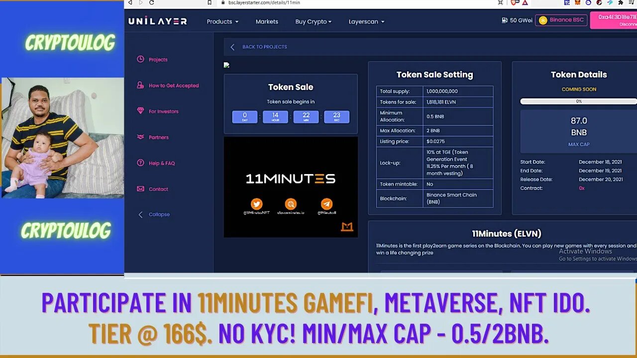 Participate In 11Minutes Gamefi, Metaverse, NFT IDO. Tier @ 166$. No KYC! Min/Max Cap - 0.5/2BNB.