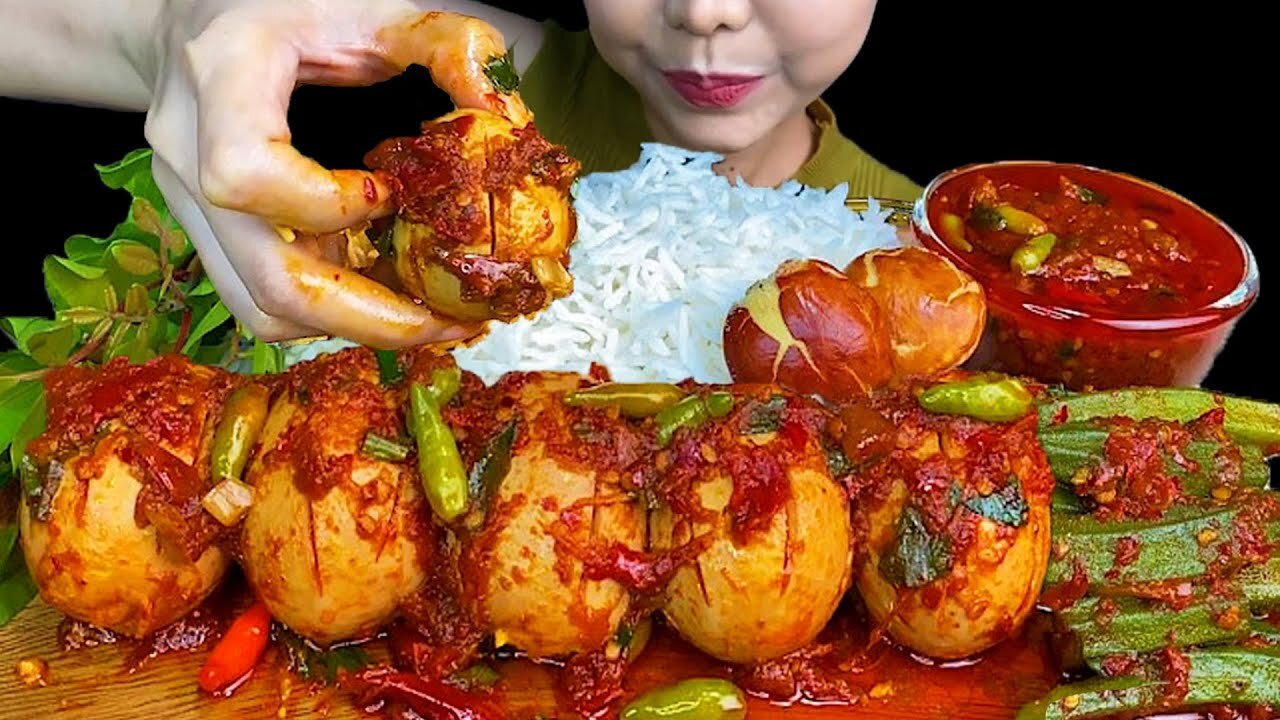 MUKBANG EATING||SPICY BOILED CHICKEN EGG TOMATO CURRY & SPICY LADY FINGER CURRY