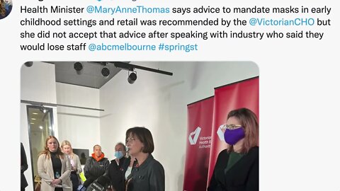 🟨 澳大利亞維多利亞州衛生部長 MaryAnneThomas 說建議在幼兒環境和零售店強制戴口罩是由維多利亞州首席衛生官 但在與表示將失去員工的業內人士交談後，她沒有接受這個建議🟨