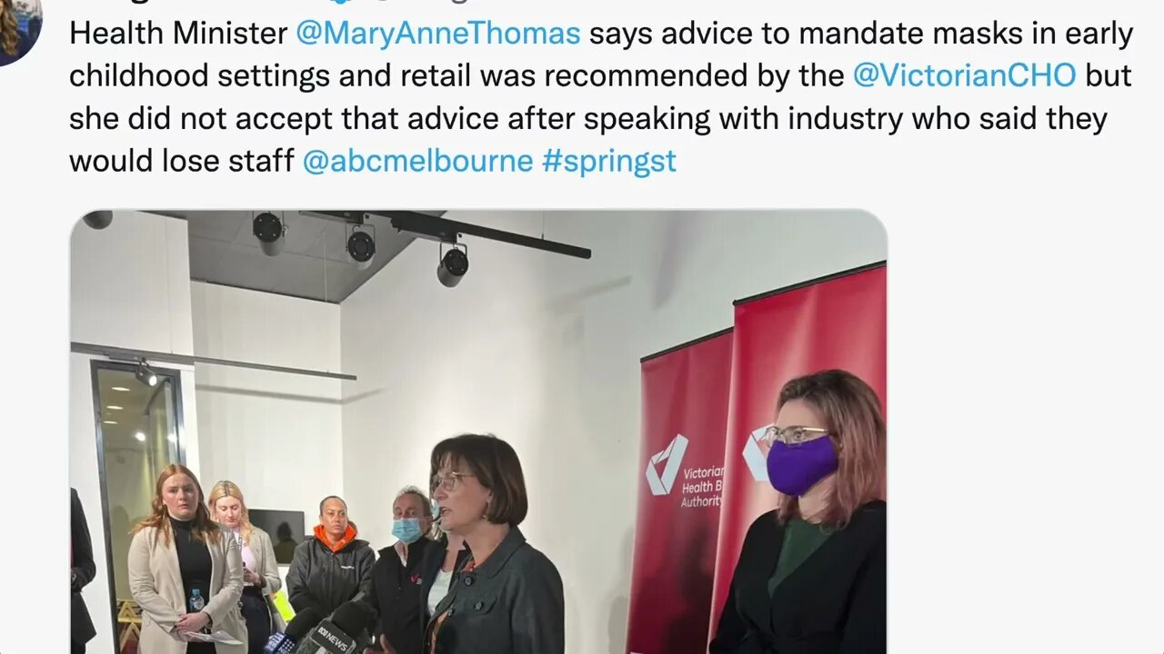🟨 澳大利亞維多利亞州衛生部長 MaryAnneThomas 說建議在幼兒環境和零售店強制戴口罩是由維多利亞州首席衛生官 但在與表示將失去員工的業內人士交談後，她沒有接受這個建議🟨