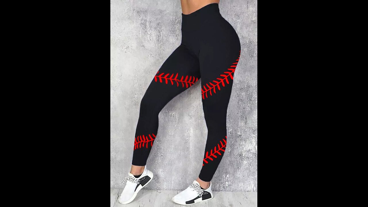 Baseball Elastic Waist Women Leggings - Black