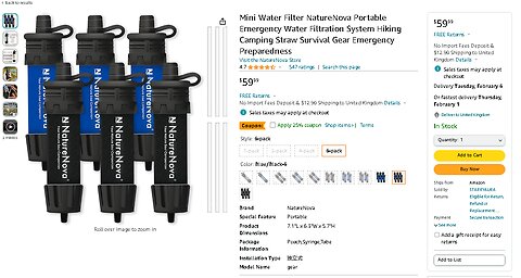 Mini Water Filter NatureNova Portable Emergency Water Filtration