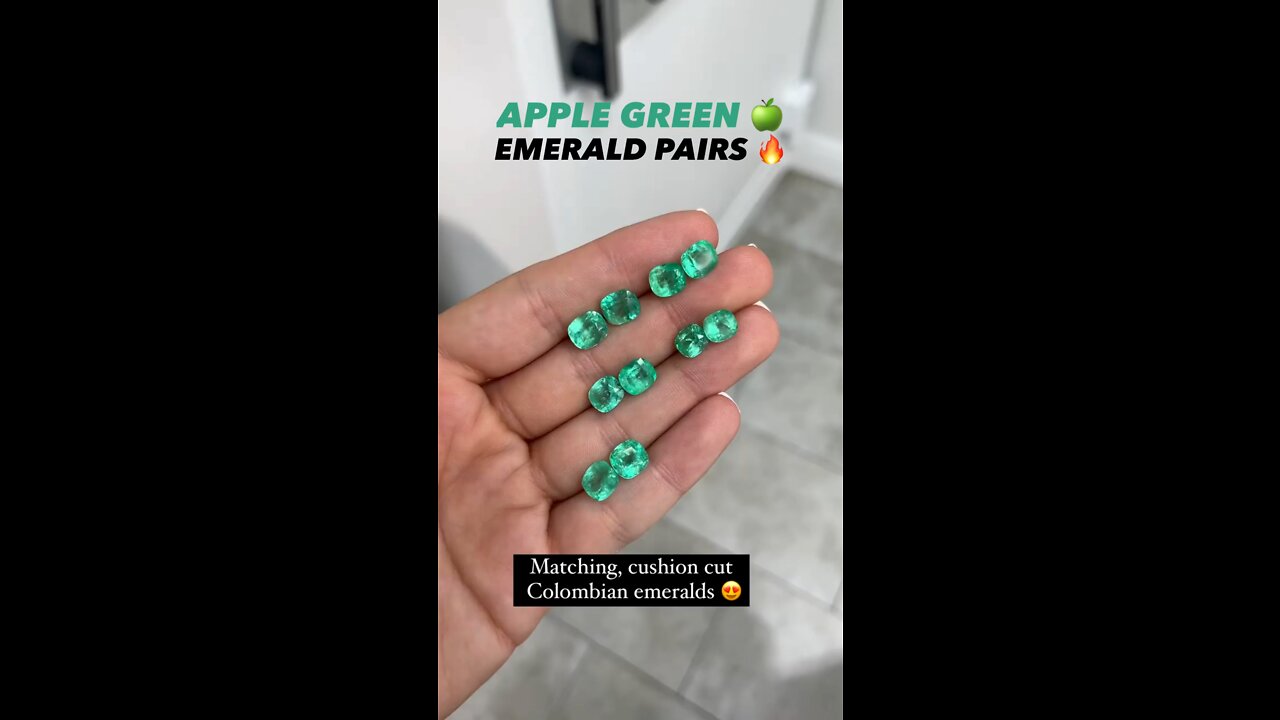 Rare Apple Vivid Green Colombian emerald cushion cut shape pair parcels for sale on hand