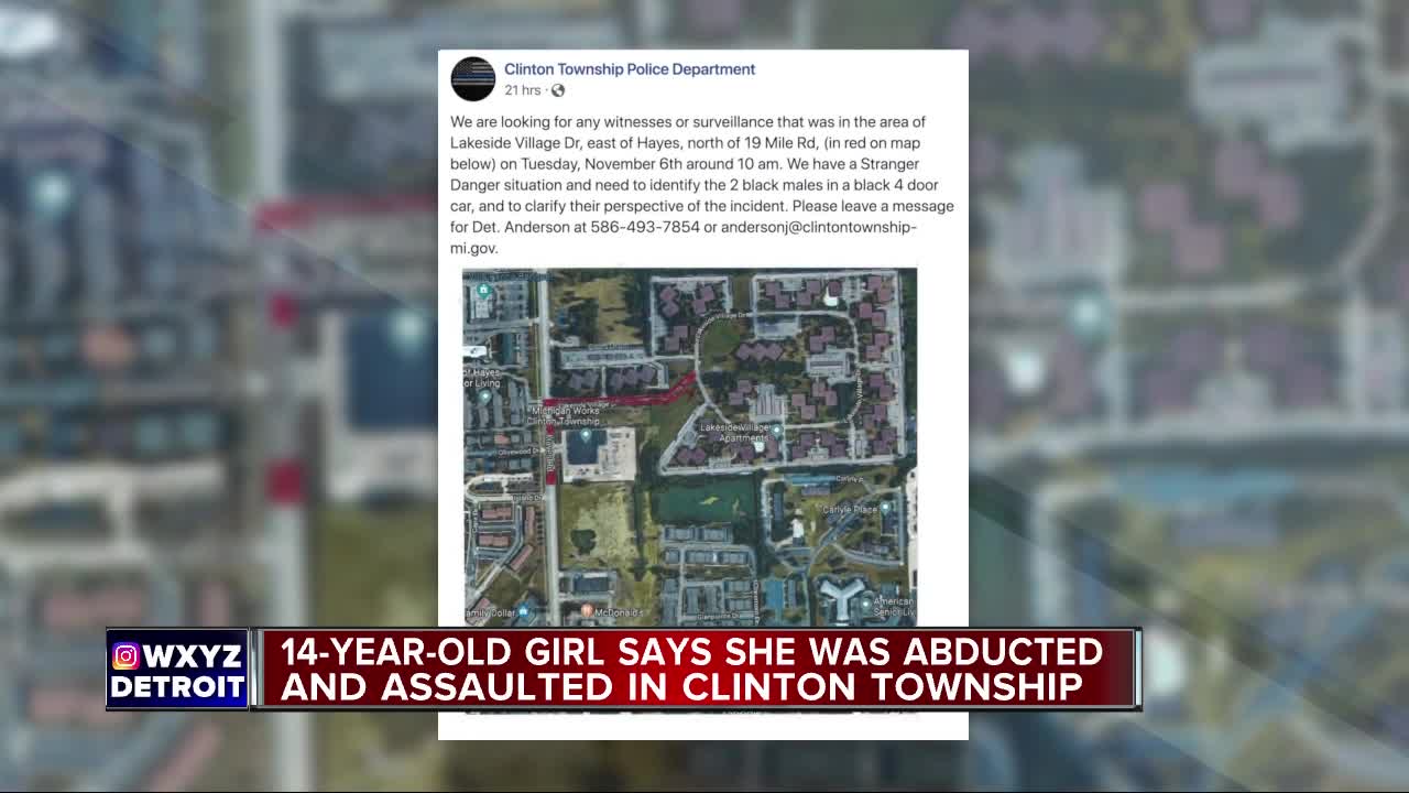 14-year-old girl says she was abducted, assaulted in Clinton Township