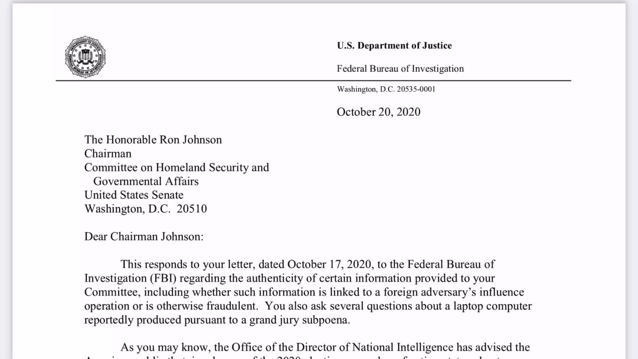 FBI Issues Letter to Sen Johnson, Confirms HB Laptop NOT Russian Disinfo, Backs the ODNI’s Comments.