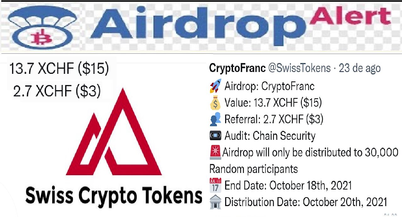 【Airdrop CryptoFranc】Ganhe 13.7 XCHF ($15) | Referral 2.7 XCHF ($3) | Dist.20/10/2021 | Renda Extra