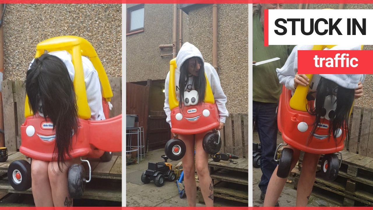 Hilarious moment a woman got stuck in a children's toy car