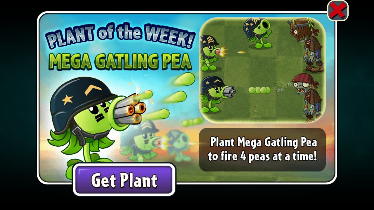 Plants vs Zombies 2 - Penny's Pursuit - Gem Plant Showcase - Mega Gatling Pea - July 2023