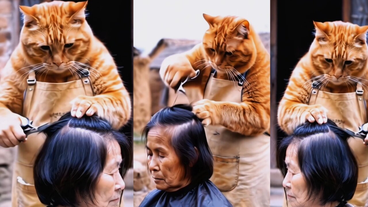 The cat is cutting the woman's hair rumble