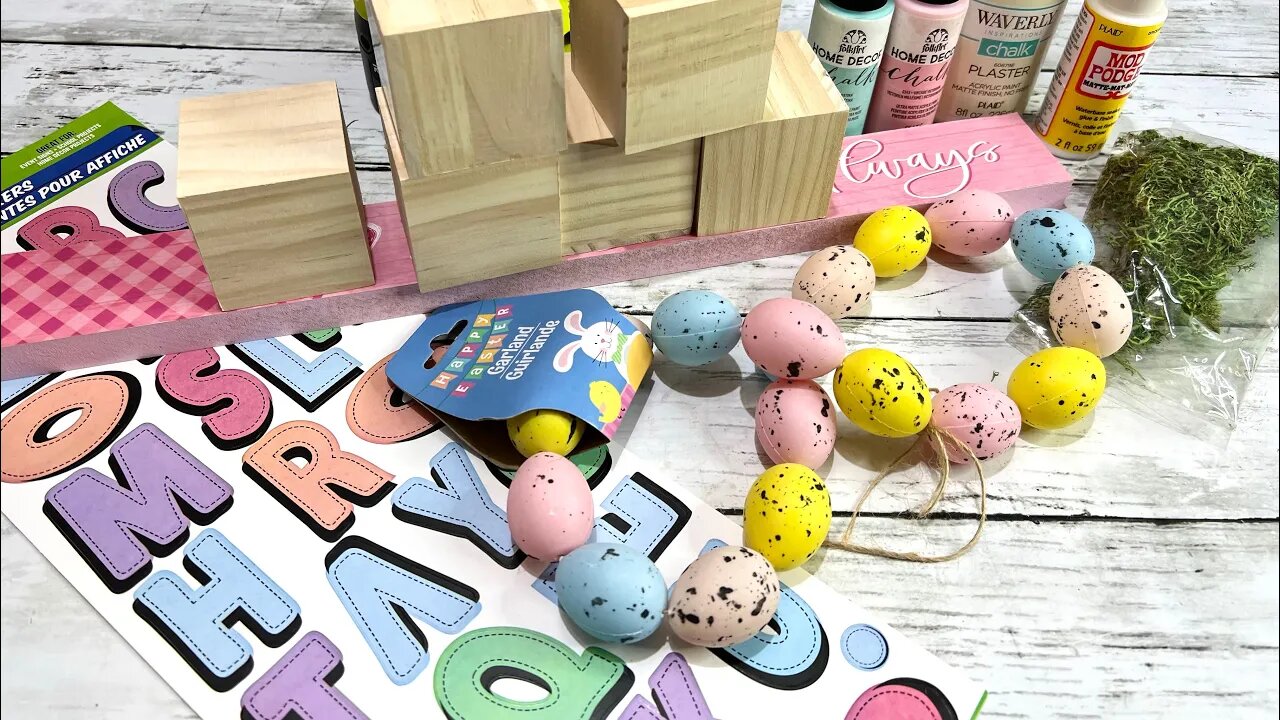 Large Easter Shelf Sitter DIY || Using Wooden Cubes From Dollar Tree [ Just 1 Easy Craft]