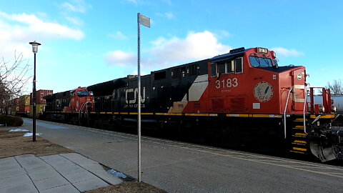 CN 3183 & CN 3285 Engines Intermodal Train Westbound In Ontario