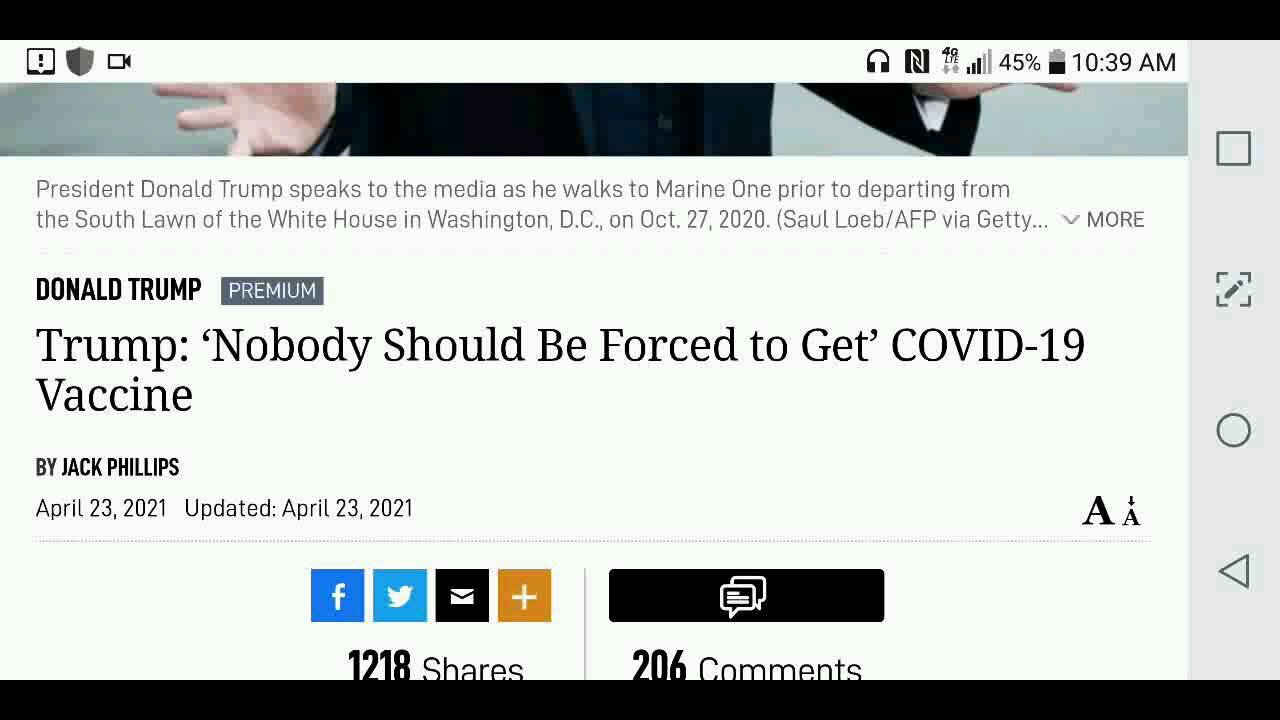 Trump -- No One Should Be Forced To Get C19 Vaccine...