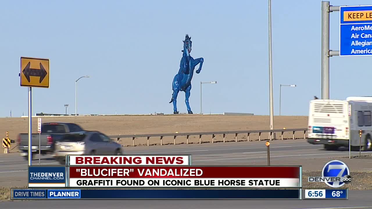 Denver airport confirms 'Blucifer,' large blue horse sculpture by airport, was vandalized