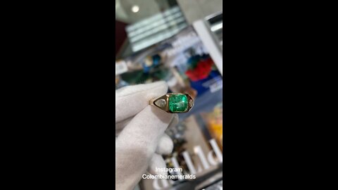 Three stone top quality emerald cut Colombian emerald and pear diamond signet bezel ring 18K