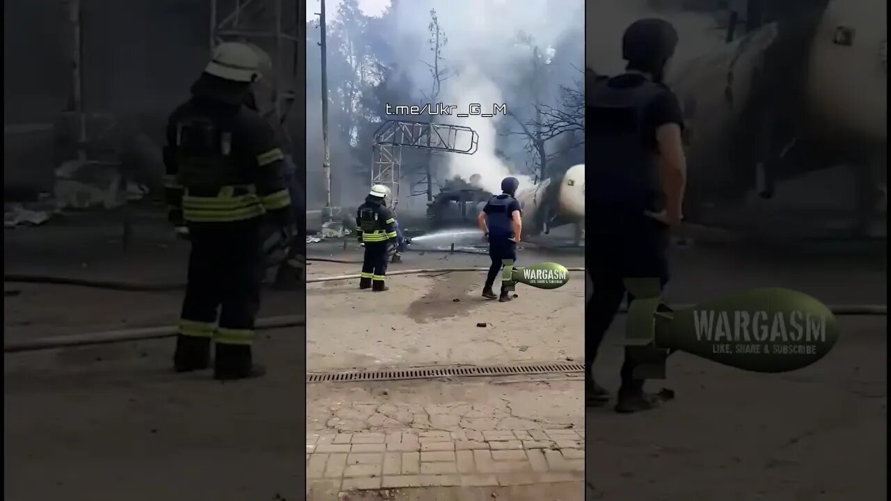 Burnt-out BMP next to gas station in Konstantinovka