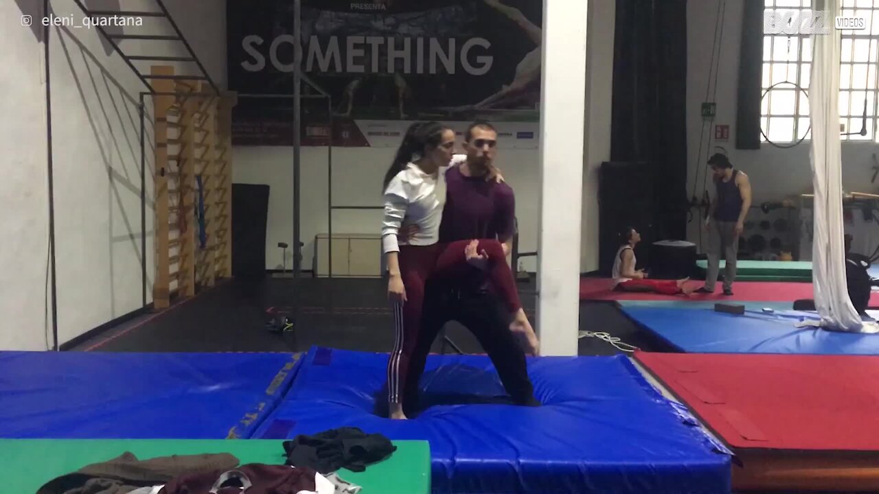 Gymnast couple lets off steam during training