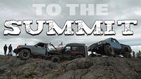 3 built Toyotas rock crawling to the top of a mountain