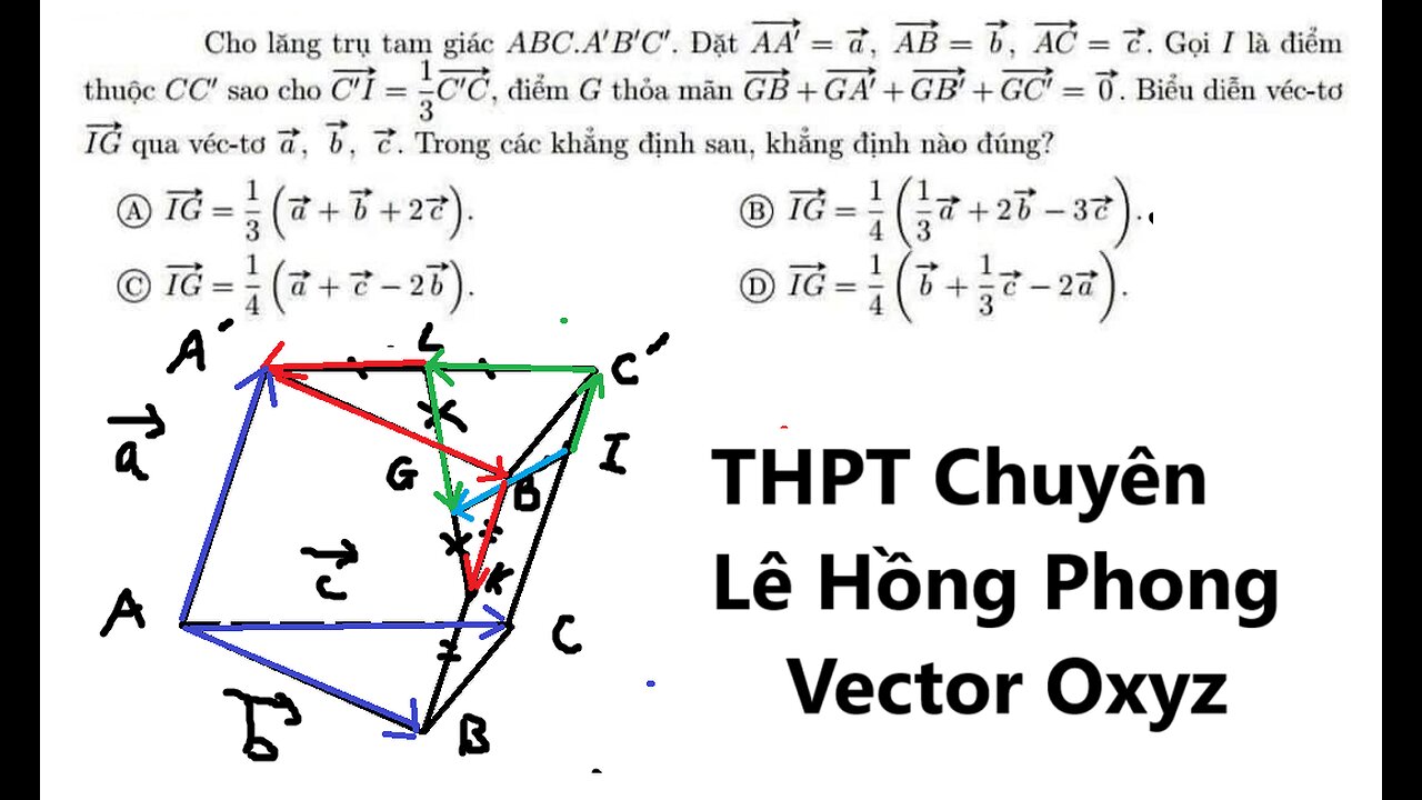 THPT Chuyên Lê Hồng Phong: Cho lăng trụ tam giác ABC.A'B'C'. Đặt AA'=a, AB=b, AC=c. Gọi I là điểm