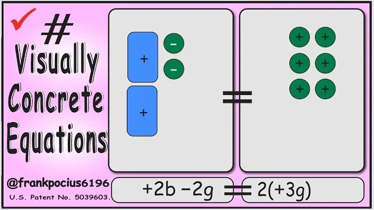 VISUAL EQUATION _ +2b -2g = 2(+3g) _ SOLVING BASIC EQUATIONS _ SOLVING BASIC WORD PROBLEMS