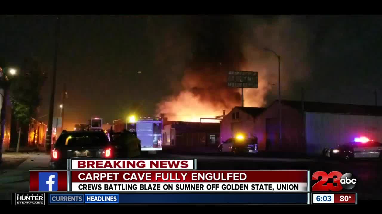 Fire erupts at Carpet Cave in central Bakersfield