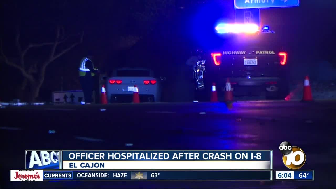 CHP officer seriously injured after being hit by suspected DUI driver on I-8 in El Cajon