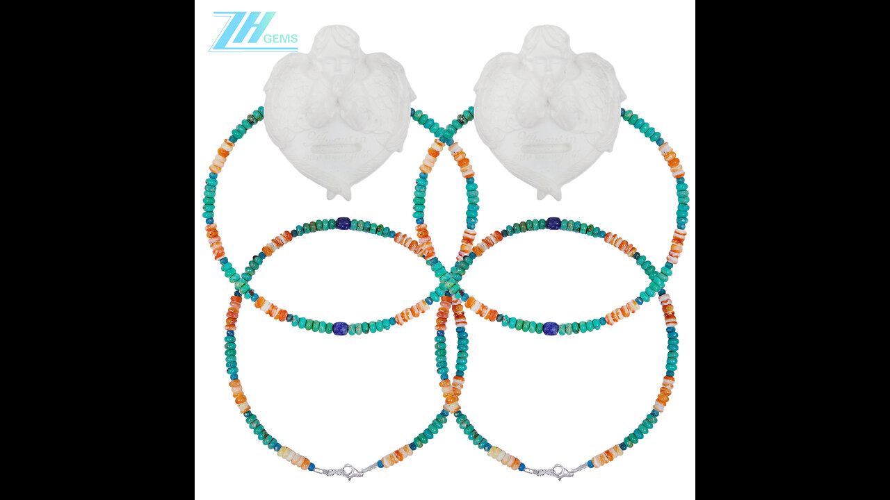 Natural turquoise Lapis lazuli Spiny oyster Apatite orange blue green gemstone necklace