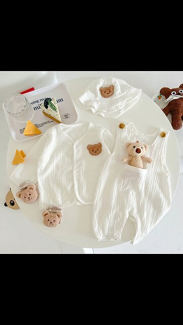 SALE!! Cartoon Bear Muslin Romper Hat Suit Spring Summer Baby Clothes