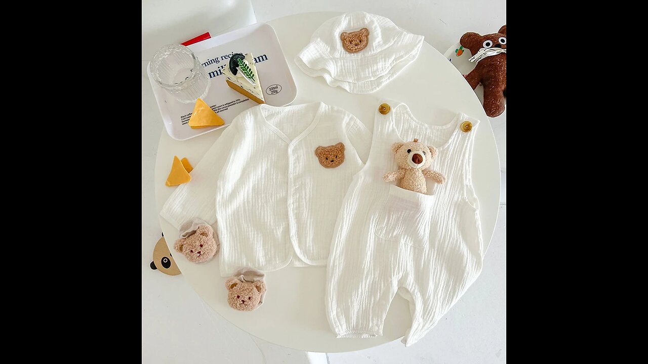 SALE!! Cartoon Bear Muslin Romper Hat Suit Spring Summer Baby Clothes