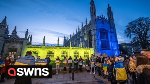 Hundreds gather outside Kings College, Cambridge, to protest against Ukraine war