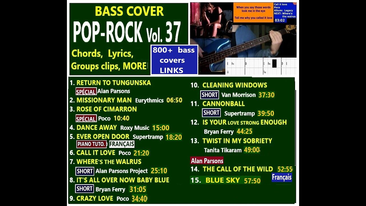 Bass cover POP ROCK Vol. 37 __ Chords real-time, Lyrics, MORE