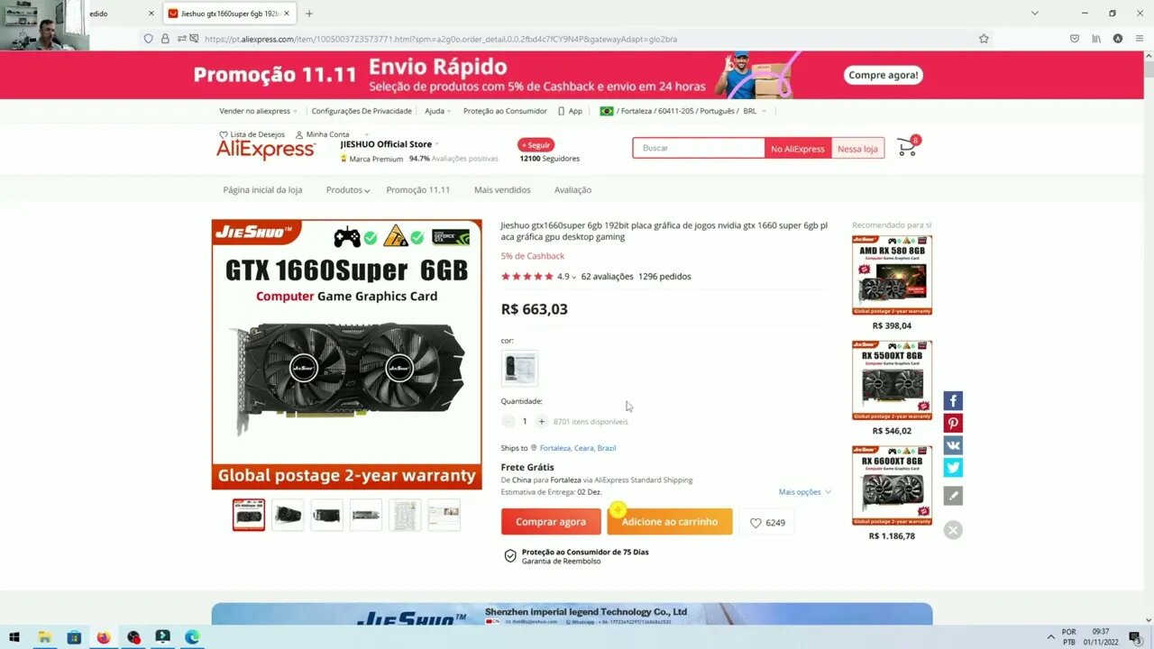 Dica de placa de vídeo na promoção 11.11 GTX1660 SUPER 6GB por 663,03 Reais.