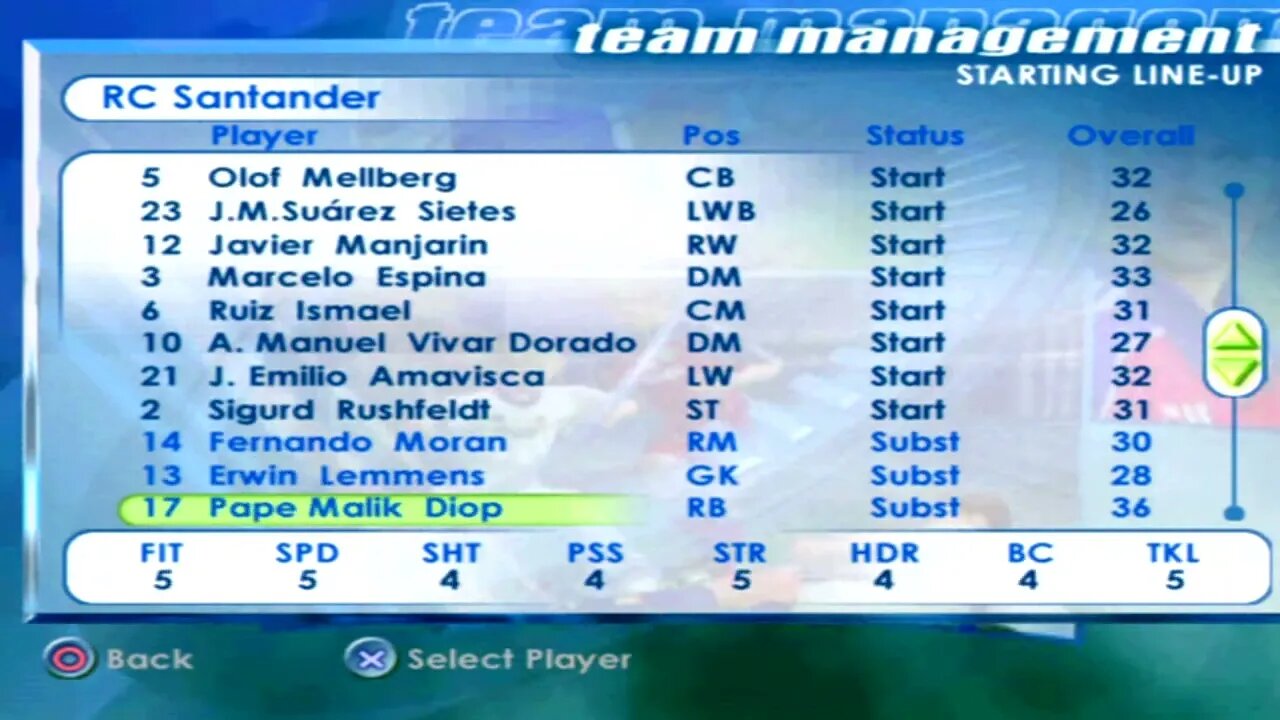 FIFA 2001 RC Santander Overall Player Ratings