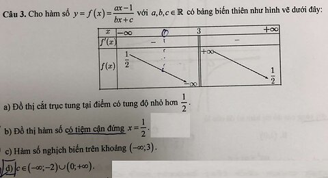 Nhận định đúng sai: Cho hàm số y=f(x)=(ax-1)/(bx+c) vói a,b,c∈R