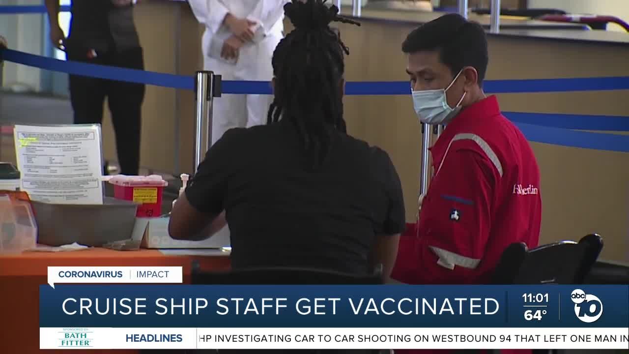 Cruise ship staff get vaccinated in San Diego