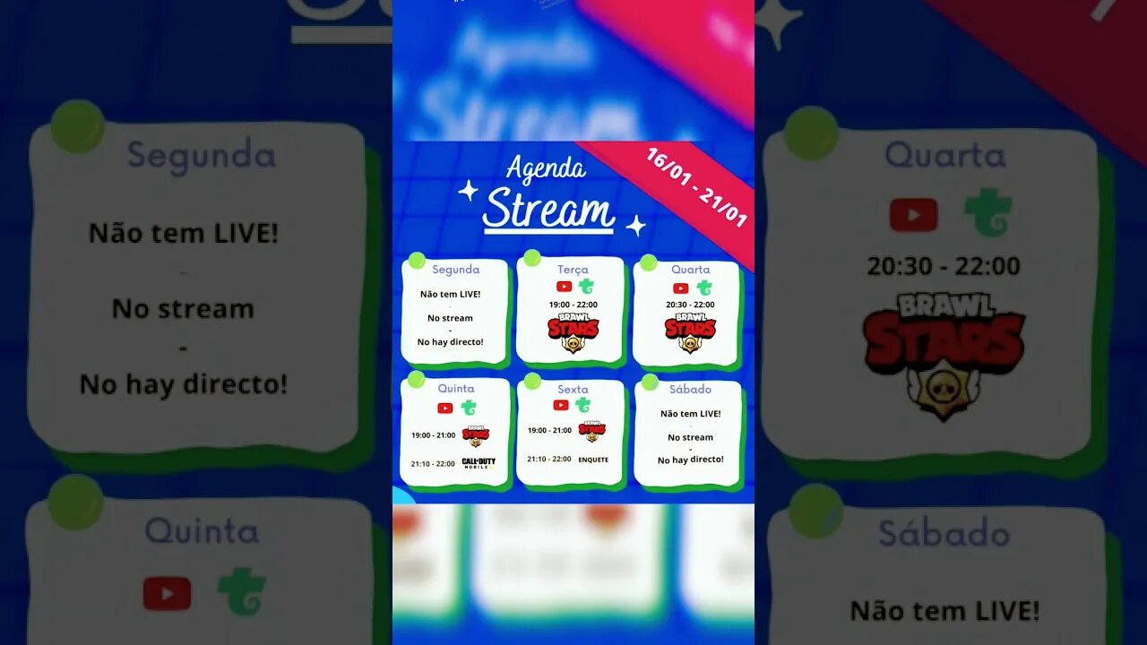 Agenda de #live de 16 a 21 de #janeiro #2023 #streamerbr #streamerbrasil #brawlstars #codmobile