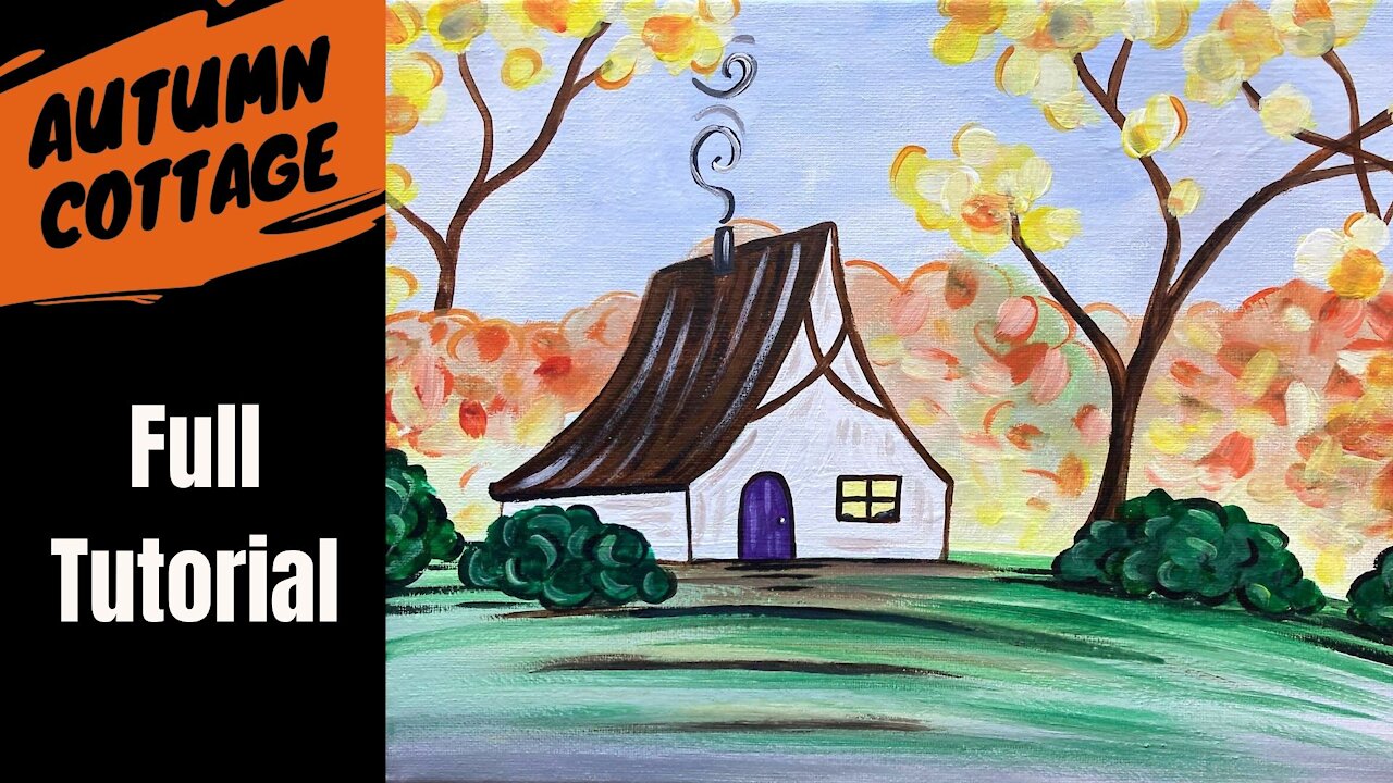 'Autumn Cottage' easy fall acrylic painting tutorial cottage in the woods