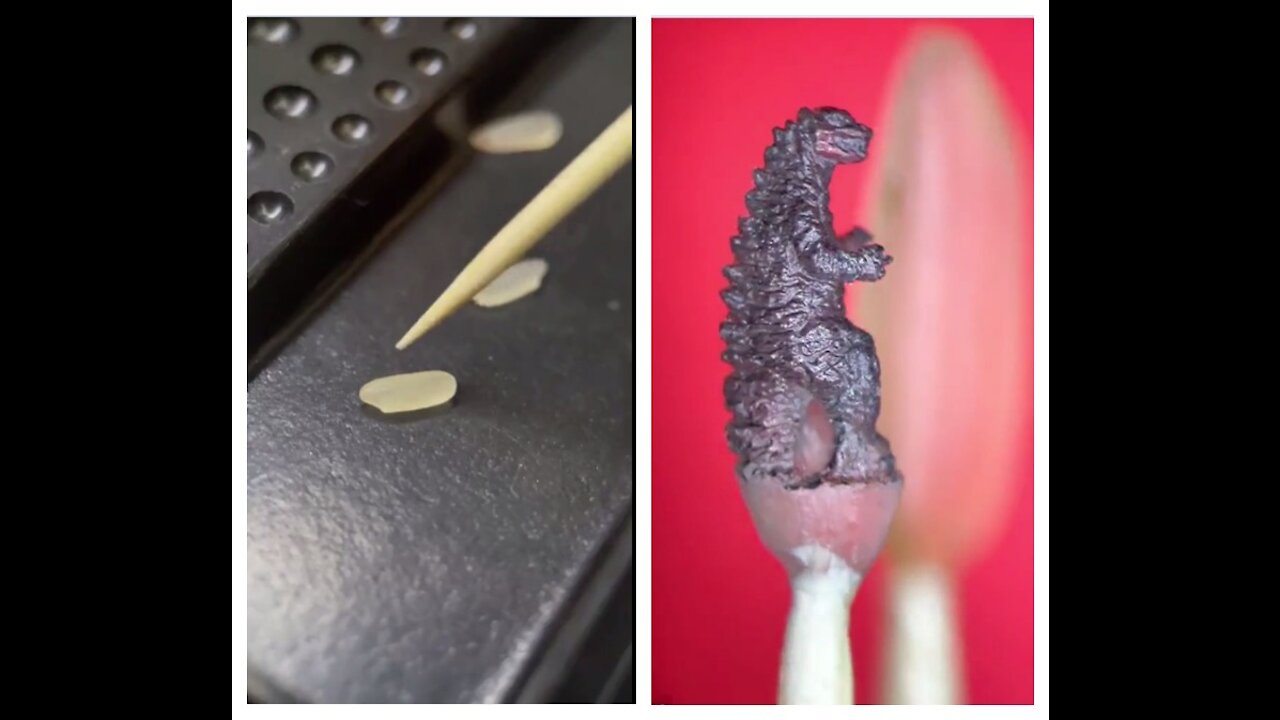Godzilla carved from a grain of rice
