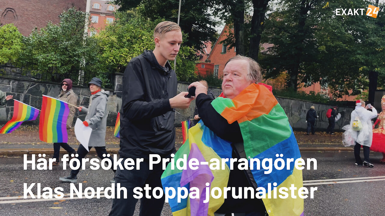 Här försöker Pride-arrangören Klas Nordh stoppa journalister