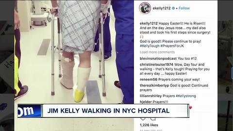 Jim Kelly takes first steps since surgery