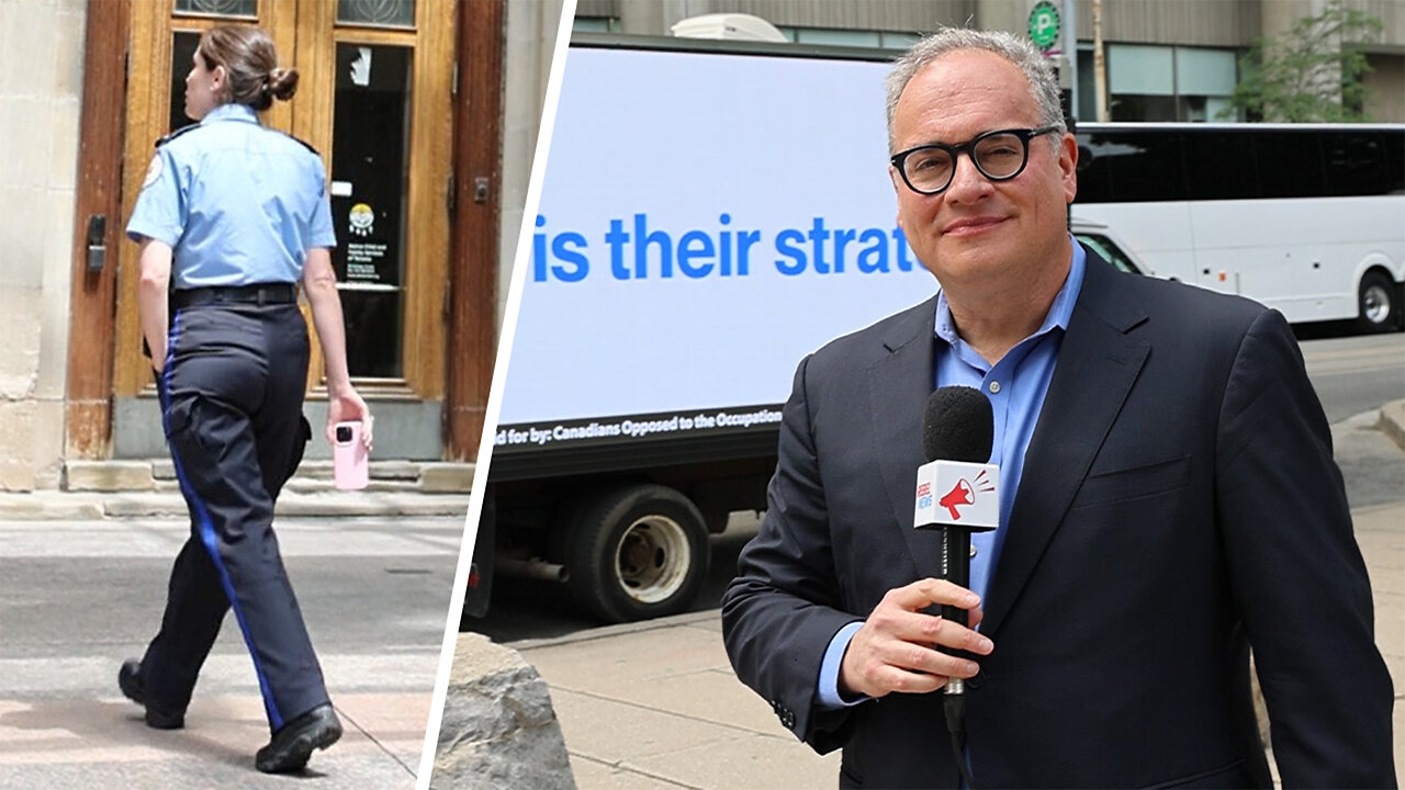 Ezra Levant takes viral billboard truck to Toronto police HQ, turns himself in