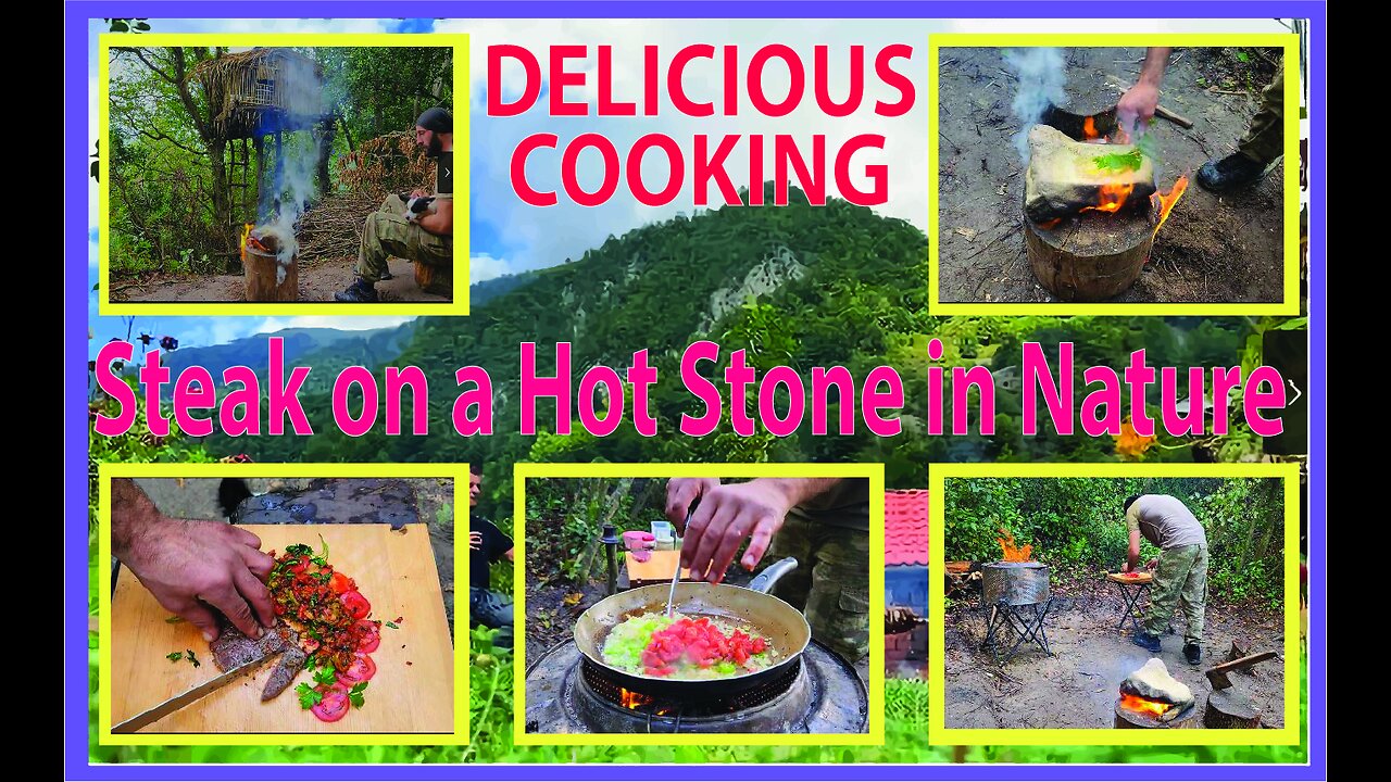 Cooking Delicious Steak on a Hot Stone in Nature